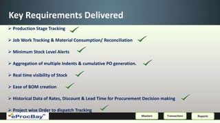 Key Requirements Delivered
 Production Stage Tracking

 Job Work Tracking & Material Consumption/ Reconciliation

 Minimum Stock Level Alerts

 Aggregation of multiple Indents & cumulative PO generation.

 Real time visibility of Stock

 Ease of BOM creation

 Historical Data of Rates, Discount & Lead Time for Procurement Decision making

 Project wise Order to dispatch Tracking
                                                                Masters     Transactions   Reports
 