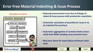 Error Free Material Indenting & Issue Process
   Click Below For Demo   Reduced procurement error due to linkage of
                           indent & Issue process with production requisition

                          Automatic calculation of quantity for issue or to
                           be indented for purchase

                          Automatic aggregation of common items across
                           multi-level BOM avoiding procurement errors

                          Real time alerts for stock below minimum stock
                           level

                                             Masters    Transactions   Reports
 