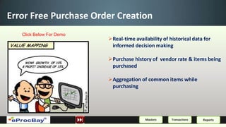 Error Free Purchase Order Creation
   Click Below For Demo
                          Real-time availability of historical data for
                           informed decision making

                          Purchase history of vendor rate & items being
                           purchased

                          Aggregation of common items while
                           purchasing




                                          Masters     Transactions   Reports
 