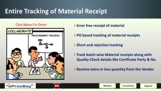 Entire Tracking of Material Receipt
   Click Below For Demo   Error free receipt of material

                          PO based tracking of material receipts

                          Short and rejection tracking

                          Track batch wise Material receipts along with
                           Quality Check details like Certificate Party & No.

                          Receive extra or less quantity from the Vendor


                                            Masters    Transactions   Reports
 