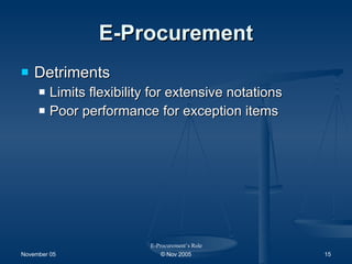 E-Procurement Detriments Limits flexibility for extensive notations Poor performance for exception items E-Procurement’s Role 