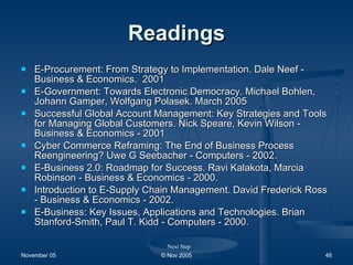 Readings E-Procurement: From Strategy to Implementation. Dale Neef - Business & Economics.  2001 E-Government: Towards Electronic Democracy. Michael Bohlen, Johann Gamper, Wolfgang Polasek. March 2005 Successful Global Account Management: Key Strategies and Tools for Managing Global Customers. Nick Speare, Kevin Wilson - Business & Economics - 2001 Cyber Commerce Reframing: The End of Business Process Reengineering? Uwe G Seebacher - Computers - 2002. E-Business 2.0: Roadmap for Success. Ravi Kalakota, Marcia Robinson - Business & Economics - 2000. Introduction to E-Supply Chain Management. David Frederick Ross - Business & Economics - 2002. E-Business: Key Issues, Applications and Technologies. Brian Stanford-Smith, Paul T. Kidd - Computers - 2000. Next Step 