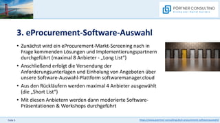 https://www.poertner-consulting.de/e-procurement-softwareauswahl/
Folie 5
3. eProcurement-Software-Auswahl
• Zunächst wird ein eProcurement-Markt-Screening nach in
Frage kommenden Lösungen und Implementierungspartnern
durchgeführt (maximal 8 Anbieter - „Long List“)
• Anschließend erfolgt die Versendung der
Anforderungsunterlagen und Einholung von Angeboten über
unsere Software-Auswahl-Plattform softwaremanager.cloud
• Aus den Rückläufern werden maximal 4 Anbieter ausgewählt
(die „Short List“)
• Mit diesen Anbietern werden dann moderierte Software-
Präsentationen & Workshops durchgeführt
 