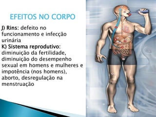 J) Rins: defeito no
funcionamento e infecção
urinária
K) Sistema reprodutivo:
diminuição da fertilidade,
diminuição do desempenho
sexual em homens e mulheres e
impotência (nos homens),
aborto, desregulação na
menstruação
EFEITOS NO CORPO
 