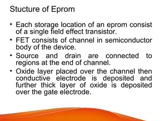 Stucture of Eprom
• Each storage location of an eprom consist
of a single field effect transistor.
• FET consists of channel in semiconductor
body of the device.
• Source and drain are connected to
regions at the end of channel.
• Oxide layer placed over the channel then
conductive electrode is deposited and
further thick layer of oxide is deposited
over the gate electrode.
 