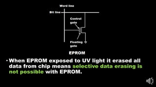 • When EPROM exposed to UV light it erased all
data from chip means selective data erasing is
not possible with EPROM.