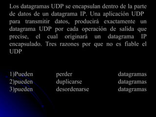 Los datagramas UDP se encapsulan dentro de la parte de datos de un datagrama IP. Una aplicación UDP  para transmitir datos, producirá exactamente un datagrama UDP por cada operación de salida que precise, el cual originará un datagrama IP encapsulado. Tres razones por que no es fiable el UDP 1)Pueden perder datagramas 2)pueden duplicarse datagramas 3)pueden desordenarse datagramas 