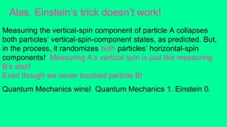 Alas, Einstein’s trick doesn’t work!
Measuring the vertical-spin component of particle A collapses
both particles’ vertical-spin-component states, as predicted. But,
in the process, it randomizes both particles’ horizontal-spin
components! Measuring A’s vertical spin is just like measuring
B’s also!
Even though we never touched particle B!
Quantum Mechanics wins! Quantum Mechanics 1. Einstein 0.
 