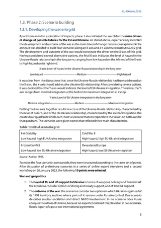 EU-Ukraine 2035
5
1.3. Phase 2: Scenario building
1.3.1. Developing the scenario grid
Apart from an initial exploration of impacts, phase 1 also initiated the search for themain drivers
of change of possible futures forthe EU and Ukraine. As stated above, experts clearly identified
thedevelopment andoutcomeofthewar as themain driverofchange.For reasonsexplained in the
annex,it was decided to build four scenarios alongan X-axis and a Y-axis that constitutea 2x2grid.
The development and outcome of the war would constitute the driver on the X-axis of this grid.
Having considered several alternative options, the final X-axis indicates the level of hazard in the
Ukraine-Russia relationshipin thelong term, ranging from lowhazard on theleft end of theX-axis
to high hazard on its right end.
X-axis: Levelof hazardinthe Ukraine-Russiarelationshipinthe longterm
Low hazard---------------------------------------Medium ------------------------------------Highhazard
It was clear from thediscussions that,oncetheUkraine-Russia relationshiphadbeen addressed on
theX-axis, theY-axis shouldaddresstheUkraine-EUrelationship. After consideringseveraloptions,
it was decided that the Y-axis would indicate the level of EU-Ukraine integration.Therefore,the Y-
axis ranges from minimalintegration at thebottomto maximumintegration at its top.
Y-axis: Levelof EU-Ukraine integrationinthe longterm
Minimalintegration----------------------------Medium ----------------------------Maximumintegration
Putting thetwo axes together results in a cross oftheUkraine-Russia relationship, characterised by
thelevelofhazard, and oftheEU-Ukrainerelationship, characterised by thelevelofintegration.This
creates four quadrantswhich each 'host'a scenario thatcorresponds to thevalueson both axes for
that quadrant. Thescenarios weregiven namesthatreflected their main characteristics.
Table 1: Initial scenario grid
Fair Stability
Lowhazard, high EU-Ukraineintegration
Cold War II
High hazard, high EU-Ukraineintegration
Frozen Conflict
Lowhazard, lowEU-Ukraineintegration
Devastated Europe
High hazard, lowEU-Ukraineintegration
Source: Author, EPRS.
To makethefour scenarios comparable, they werestructured according to thesameset ofpoints.
After discussion of preliminary scenarios in a series of online expert interviews and a second
workshopon 26January 2023, thefollowing 10 pointswereselected:
War and geopolitics
1. Thelevel of EU and US support toUkrainein terms ofweapons delivery and financialaid:
thescenarios consider optionsofstrong andsteady support, andof'limited' support.
2. Theoutcome of the war: thescenarios consider two optionsin which Ukraineregainsallof
its 1991 territory and two where parts of it remain under Russian control. One scenario
describes nuclear escalation and direct NATO involvement. In no scenario does Russia
conquer thewholeofUkraine,becauseno expert considered this plausible. In two scenarios,
Russia is part ofa post-war internationalagreement.
 