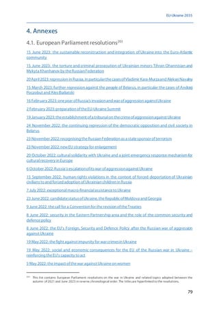 EU-Ukraine 2035
79
4. Annexes
4.1. European Parliament resolutions203
15 June 2023: the sustainable reconstruction and integration of Ukraine into the Euro-Atlantic
community
15 June 2023: the torture and criminal prosecution of Ukrainian minors Tihran Ohannisian and
Mykyta Khanhanov by theRussianFederation
20April2023: repression in Russia, in particularthecasesofVladimir Kara-Murzaand AlekseiNavalny
15 March 2023: further repression against the people of Belarus, in particular the cases of Andrzej
Poczobut and Ales Bialiatski
16 February 2023: oneyear ofRussia's invasionand war ofaggression againstUkraine
2 February 2023: preparation oftheEU-UkraineSummit
19 January 2023: theestablishment ofa tribunalon thecrimeofaggressionagainst Ukraine
24 November 2022: the continuing repression of the democratic opposition and civil society in
Belarus
23 November 2022: recognising theRussian Federation as a statesponsorofterrorism
23 November 2022: newEU strategy for enlargement
20 October 2022: cultural solidarity with Ukraine and a joint emergency response mechanism for
culturalrecovery in Europe
6 October 2022: Russia's escalationofits war ofaggressionagainst Ukraine
15 September 2022: human rights violations in the context of forced deportation of Ukrainian
civilians to and forced adoption ofUkrainian children in Russia
7 July 2022: exceptionalmacro-financialassistanceto Ukraine
23 June2022: candidatestatusofUkraine, theRepublicofMoldova and Georgia
9 June2022: thecall for a Convention for therevision oftheTreaties
8 June 2022: security in the Eastern Partnership area and the role of the common security and
defencepolicy
8 June 2022: the EU's Foreign, Security and Defence Policy after the Russian war of aggression
against Ukraine
19 May 2022: thefight against impunity for war crimesin Ukraine
19 May 2022: social and economic consequences for the EU of the Russian war in Ukraine –
reinforcing theEU's capacity to act
5 May 2022: theimpact ofthewar against Ukraineon women
203
This list contains European Parliament resolutions on the war in Ukraine and related topics adopted between the
autumn of 2021 and June 2023 in reverse chronological order. The titlesare hyperlinked to the resolutions.
 