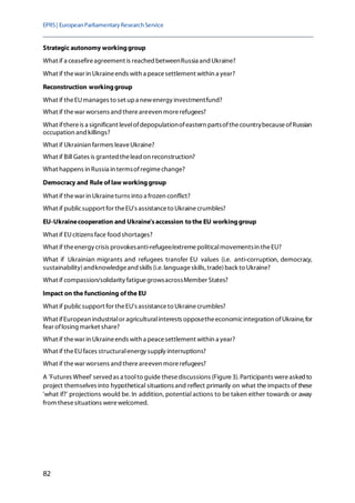 EPRS| EuropeanParliamentaryResearchService
82
Strategic autonomy workinggroup
What if a ceasefireagreement is reached betweenRussia and Ukraine?
What if thewar in Ukraineends with a peacesettlement within a year?
Reconstruction workinggroup
What if theEUmanages to set upa newenergy investmentfund?
What if thewar worsens and thereareeven morerefugees?
What ifthereis a significant levelofdepopulationofeastern partsofthecountrybecauseofRussian
occupation and killings?
What if Ukrainian farmers leaveUkraine?
What if Bill Gates is granted thelead on reconstruction?
What happens in Russia in termsofregimechange?
Democracy and Rule of law workinggroup
What if thewar in Ukraineturns into a frozen conflict?
What if publicsupport for theEU's assistanceto Ukrainecrumbles?
EU-Ukrainecooperation and Ukraine'saccession tothe EU workinggroup
What if EUcitizens face food shortages?
What if theenergy crisis provokesanti-refugee/extremepoliticalmovementsin theEU?
What if Ukrainian migrants and refugees transfer EU values (i.e. anti-corruption, democracy,
sustainability)andknowledgeand skills (i.e. languageskills, trade)back to Ukraine?
What if compassion/solidarity fatiguegrowsacrossMember States?
Impact on the functioning of the EU
What if publicsupport for theEU's assistanceto Ukrainecrumbles?
What ifEuropean industrialor agriculturalinterests opposetheeconomicintegration ofUkraine, for
fear oflosing market share?
What if thewar in Ukraineends with a peacesettlement within a year?
What if theEUfaces structuralenergy supply interruptions?
What if thewar worsens and thereareeven morerefugees?
A 'Futures Wheel' served as a toolto guide thesediscussions (Figure3). Participants wereasked to
project themselves into hypothetical situations and reflect primarily on what the impacts of these
'what if?' projections would be. In addition, potential actions to be taken either towards or away
from thesesituations werewelcomed.
 