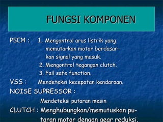 FUNGSI KOMPONEN PSCM :  1.  Mengontrol arus listrik yang memutarkan motor berdasar- kan signal yang masuk. 2. Mengontrol tegangan clutch. 3. Fail safe function. VSS :  Mendeteksi kecepatan kendaraan. NOISE SUPRESSOR : Mendeteksi putaran mesin CLUTCH : Menghubungkan/memutuskan pu- taran motor dengan gear reduksi. 