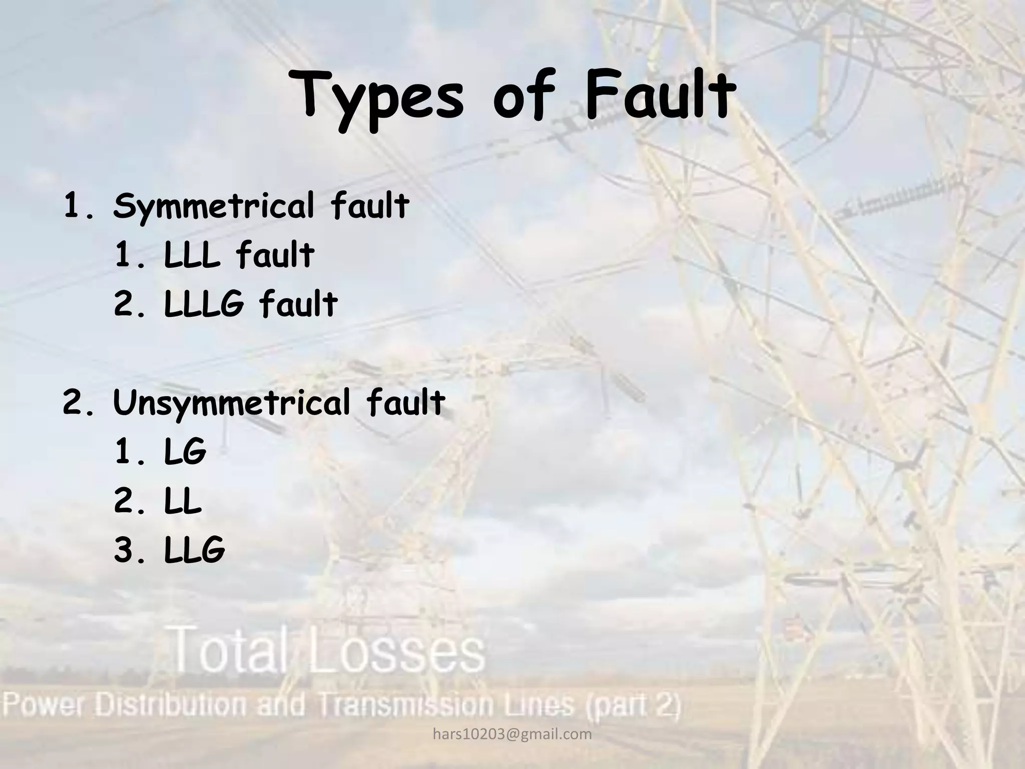 Types of Fault
1. Symmetrical fault
1. LLL fault
2. LLLG fault
2. Unsymmetrical fault
1. LG
2. LL
3. LLG
hars10203@gmail.com