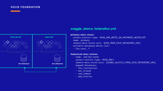 Data Lake
Hive Metastore
SOLID FOUNDATION
Data Lake #3
Hive Metastore
waggle_dance_federation.yml
primary-meta-store:
access-control-type: READ_AND_WRITE_ON_DATABASE_WHITELIST
name: primary
remote-meta-store-uris: ${ON_PREM_HIVE_METASTORE_URI}
writable-database-white-list:
- foo_user_.*
federated-meta-stores:
- name: zed-bar-prod
access-control-type: READ_ONLY
remote-meta-store-uris: ${USW2_6623552_PROD_HIVE_METASTORE_URI}
mapped-databases:
- foo_transaction
- bar_stream
- zed_common
- opp_charles
 