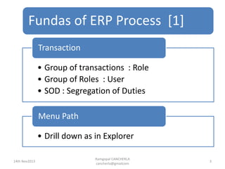 Fundas of ERP Process [1]
Ramgopal CANCHERLA
cancherla@gmailcom
3
• Group of transactions : Role
• Group of Roles : User
• SOD : Segregation of Duties
Transaction
• Drill down as in Explorer
Menu Path
14th Nov2013
 