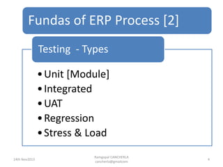 Fundas of ERP Process [2]
Ramgopal CANCHERLA
cancherla@gmailcom
4
•Unit [Module]
•Integrated
•UAT
•Regression
•Stress & Load
Testing - Types
14th Nov2013
 