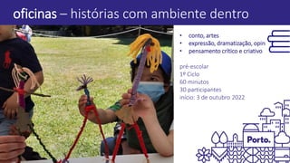 oficinas – histórias com ambiente dentro
• conto, artes
• expressão, dramatização, opinião
• pensamento crítico e criativo
pré-escolar
1º Ciclo
60 minutos
30 participantes
início: 3 de outubro 2022
 