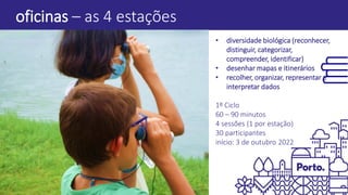 oficinas – as 4 estações
• diversidade biológica (reconhecer,
distinguir, categorizar,
compreender, identificar)
• desenhar mapas e itinerários
• recolher, organizar, representar e
interpretar dados
1º Ciclo
60 – 90 minutos
4 sessões (1 por estação)
30 participantes
início: 3 de outubro 2022
 