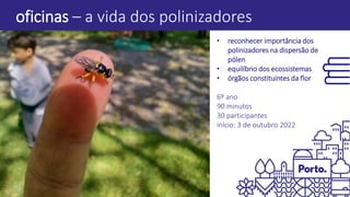 oficinas – a vida dos polinizadores
• reconhecer importância dos
polinizadores na dispersão de
pólen
• equilíbrio dos ecossistemas
• órgãos constituintes da flor
6º ano
90 minutos
30 participantes
início: 3 de outubro 2022
 