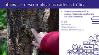 oficinas – descomplicar as cadeias tróficas
• sistematizar cadeias tróficas
• analisar impactos da ação humana
nas teias alimentares
8º ano
90 minutos
30 participantes
início: 3 de outubro 2022
 