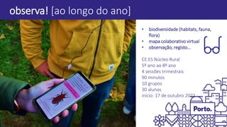 observa! [ao longo do ano]
• biodiversidade (habitats, fauna,
flora)
• mapa colaborativo virtual
• observação, registo…
CE.ES Núcleo Rural
5º ano ao 8º ano
4 sessões trimestrais
90 minutos
10 grupos
30 alunos
início: 17 de outubro 2022
 