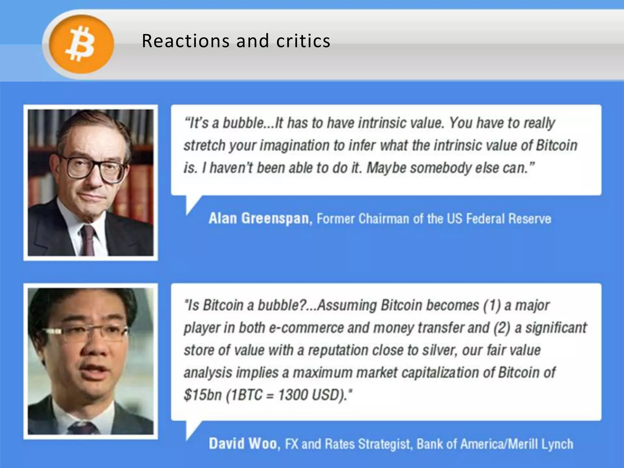 Reactions and critics

The Chinese government restricted Chinese banks from
making transactions using bitcoins
The Bank of France also warned users regarding the usage of
bitcoins

The Reserve Bank of India has cautioned the users, holders and
traders of Bitcoins, about the potential
financial, legal, customer protection and security related risks
that they are exposing themselves to

 