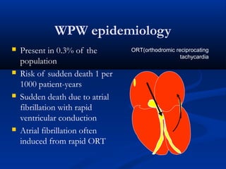 WPW epidemiology
 Present in 0.3% of the
population
 Risk of sudden death 1 per
1000 patient-years
 Sudden death due to atrial
fibrillation with rapid
ventricular conduction
 Atrial fibrillation often
induced from rapid ORT
ORT(orthodromic reciprocating
tachycardia
 