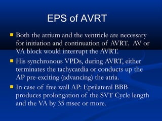  Both the atrium and the ventricle are necessary
for initiation and continuation of AVRT. AV or
VA block would interrupt the AVRT.
 His synchronous VPDs, during AVRT, either
terminates the tachycardia or conducts up the
AP pre-exciting (advancing) the atria.
 In case of free wall AP: Epsilateral BBB
produces prolongation of the SVT Cycle length
and the VA by 35 msec or more.
EPS of AVRT
 