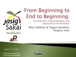Marc Zaldivar & Teggin Summers
                                           Virginia Tech




 June 10-15, 2012

Growing Community;
Growing Possibilities
 