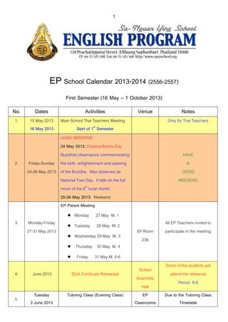 1
EP School Calendar 2013-2014 (2556-2557)
First Semester (16 May – 1 October 2013)
No. Dates Activities Venue Notes
1. 15 May 2013
16 May 2013
Main School Thai Teachers Meeting
Start of 1st
Semester
Only for Thai Teachers
2. Friday-Sunday
24-26 May 2013
LONG WEEKEND
24 May 2013: Visakha Bucha Day
Buddhist observance commemorating
the birth, enlightenment and passing
of the Buddha. Also observed as
National Tree Day. It falls on the full
moon of the 6th
lunar month.
25-26 May 2013: Weekend
HAVE
A
GOOD
WEEKEND
3. Monday-Friday
27-31 May 2013
EP Parent Meeting
 Monday 27 May M. 1
 Tuesday 28 May M. 2
 Wednesday 29 May M. 3
 Thursday 30 May M. 4
 Friday 31 May M. 5-6
EP Room
236
All EP Teachers invited to
participate in the meeting
4. June 2013 DUX Certificate Rehearsal
School
Assembly
Hall
Some of the students will
attend the rehearsal
Period 8-9
5.
Tuesday
3 June 2013
Tutoring Class (Evening Class) EP
Classrooms
Due to the Tutoring Class
Timetable
 