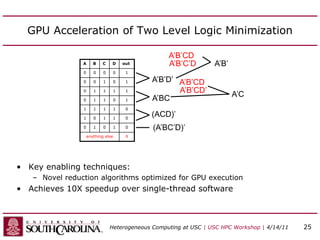 GPU Acceleration of Two Level Logic Minimization
A B C D out
0 0 0 0 1
0 0 1 0 1
0 1 1 1 1
0 1 1 0 1
1 1 1 1 0
1 0 1 1 0
0 1 0 1 0
anything else X
A’B’D’
A’BC
(ACD)’
(A’BC’D)’
A’B’CD
A’B’C’D A’B’
A’B’CD
A’B’CD’
A’C
• Key enabling techniques:
– Novel reduction algorithms optimized for GPU execution
• Achieves 10X speedup over single-thread software
Heterogeneous Computing at USC | USC HPC Workshop | 4/14/11 25
 