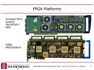 FPGA Platforms
Annapolis Micro
Systems
WILDSTAR 2
PRO
GiDEL
PROCSTAR III
Heterogeneous Computing at USC | USC HPC Workshop | 4/14/11 7
 