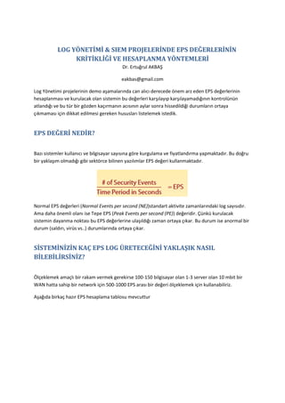 LOG YÖNETİMİ & SIEM PROJELERİNDE EPS DEĞERLERİNİN
KRİTİKLİĞİ VE HESAPLANMA YÖNTEMLERİ
Dr. Ertuğrul AKBAŞ
eakbas@gmail.com
Log Yönetimi projelerinin demo aşamalarında can alıcı derecede önem arz eden EPS değerlerinin
hesaplanması ve kurulacak olan sistemin bu değerleri karşılayıp karşılayamadığının kontrolünün
atlandığı ve bu tür bir gözden kaçırmanın acısının aylar sonra hissedildiği durumların ortaya
çıkmaması için dikkat edilmesi gereken hususları listelemek istedik.
EPS DEĞERİ NEDİR?
Bazı sistemler kullanıcı ve bilgisayar sayısına göre kurgulama ve fiyatlandırma yapmaktadır. Bu doğru
bir yaklaşım olmadığı gibi sektörce bilinen yazılımlar EPS değeri kullanmaktadır.
Normal EPS değerleri (Normal Events per second (NE))standart aktivite zamanlarındaki log sayısıdır.
Ama daha önemli olanı ise Tepe EPS (Peak Events per second (PE)) değeridir. Çünkü kurulacak
sistemin dayanma noktası bu EPS değerlerine ulaşıldığı zaman ortaya çıkar. Bu durum ise anormal bir
durum (saldırı, virüs vs..) durumlarında ortaya çıkar.
SİSTEMİNİZİN KAÇ EPS LOG ÜRETECEĞİNİ YAKLAŞIK NASIL
BİLEBİLİRSİNİZ?
Ölçeklemek amaçlı bir rakam vermek gerekirse 100-150 bilgisayar olan 1-3 server olan 10 mbit bir
WAN hatta sahip bir network için 500-1000 EPS arası bir değeri ölçeklemek için kullanabiliriz.
Aşağıda birkaç hazır EPS hesaplama tablosu mevcuttur
 