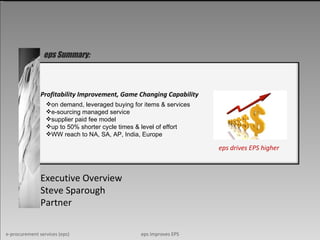 Profitability Improvement, Game Changing Capability Executive Overview Steve Sparough Partner eps Summary: eps drives EPS higher eps improves EPS e-procurement services (eps) ,[object Object],[object Object],[object Object],[object Object],[object Object]