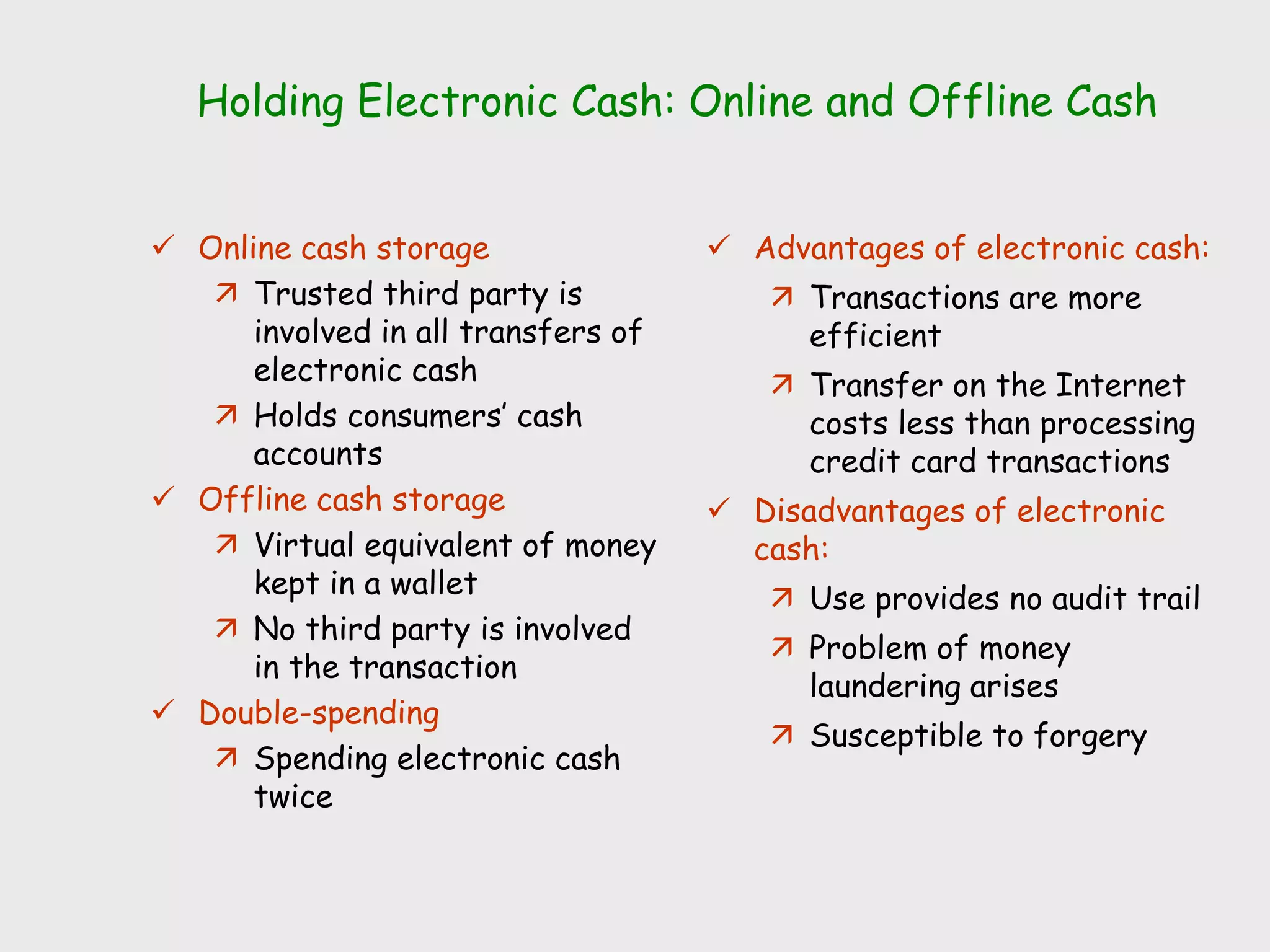 Holding Electronic Cash: Online and Offline Cash
 Online cash storage
 Trusted third party is
involved in all transfers of
electronic cash
 Holds consumers’ cash
accounts
 Offline cash storage
 Virtual equivalent of money
kept in a wallet
 No third party is involved
in the transaction
 Double-spending
 Spending electronic cash
twice
 Advantages of electronic cash:
 Transactions are more
efficient
 Transfer on the Internet
costs less than processing
credit card transactions
 Disadvantages of electronic
cash:
 Use provides no audit trail
 Problem of money
laundering arises
 Susceptible to forgery
 