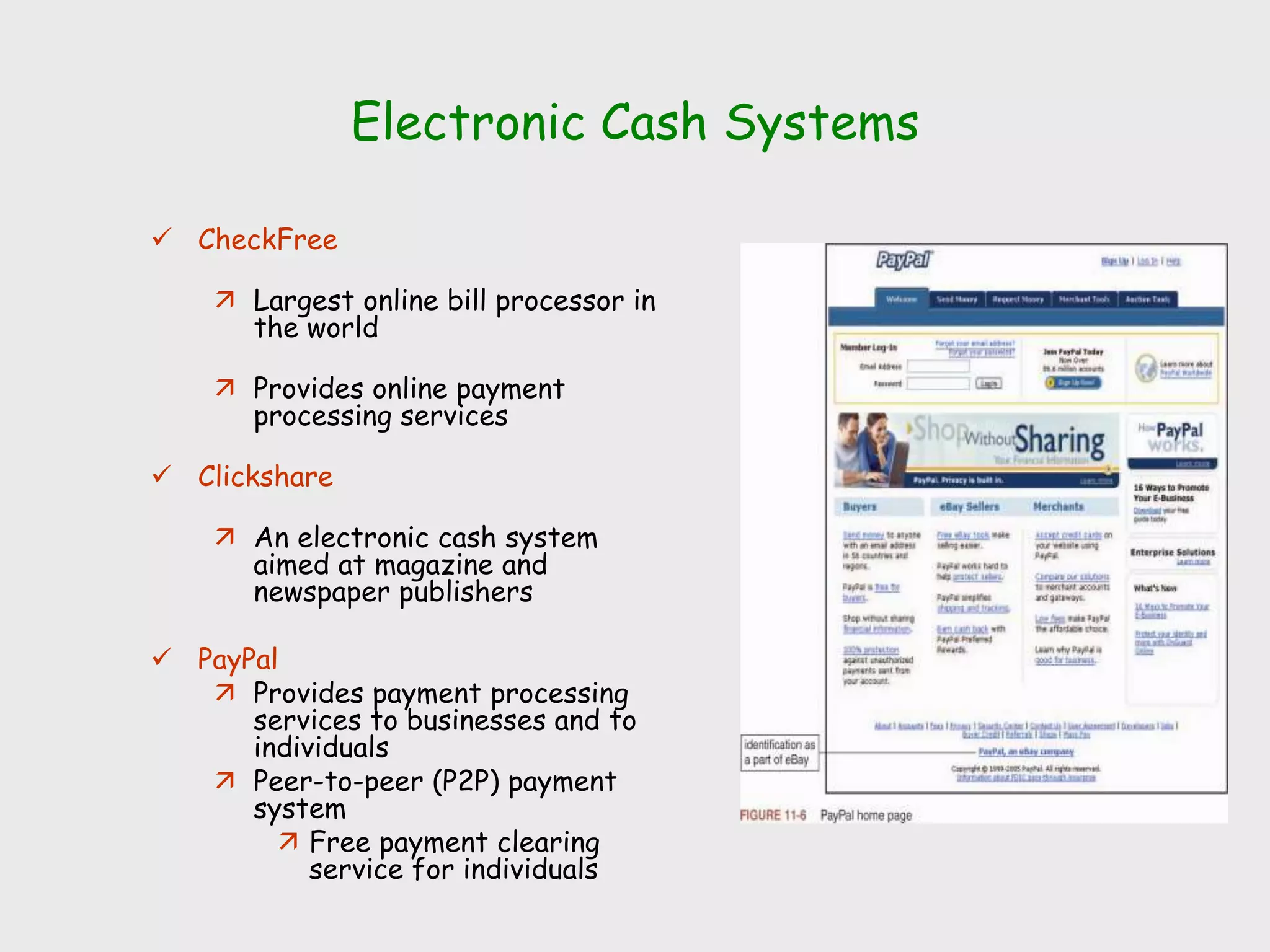 Electronic Cash Systems
 CheckFree
 Largest online bill processor in
the world
 Provides online payment
processing services
 Clickshare
 An electronic cash system
aimed at magazine and
newspaper publishers
 PayPal
 Provides payment processing
services to businesses and to
individuals
 Peer-to-peer (P2P) payment
system
 Free payment clearing
service for individuals
 