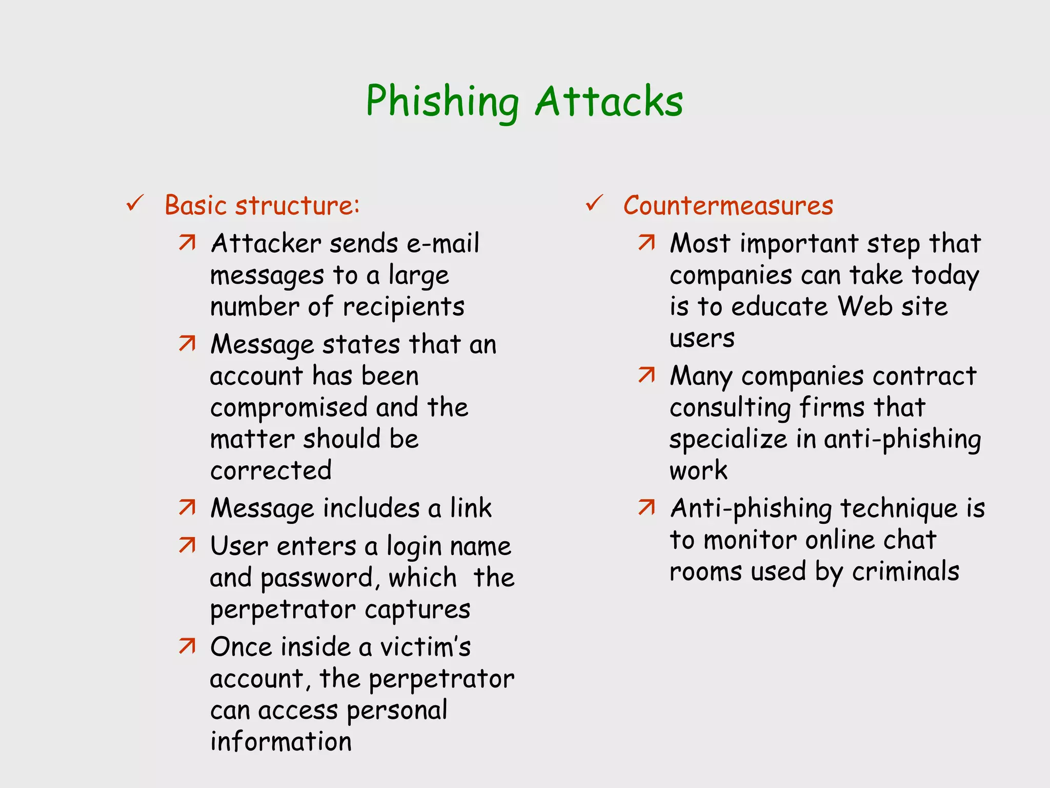 Phishing Attacks
 Basic structure:
 Attacker sends e-mail
messages to a large
number of recipients
 Message states that an
account has been
compromised and the
matter should be
corrected
 Message includes a link
 User enters a login name
and password, which the
perpetrator captures
 Once inside a victim’s
account, the perpetrator
can access personal
information
 Countermeasures
 Most important step that
companies can take today
is to educate Web site
users
 Many companies contract
consulting firms that
specialize in anti-phishing
work
 Anti-phishing technique is
to monitor online chat
rooms used by criminals
 