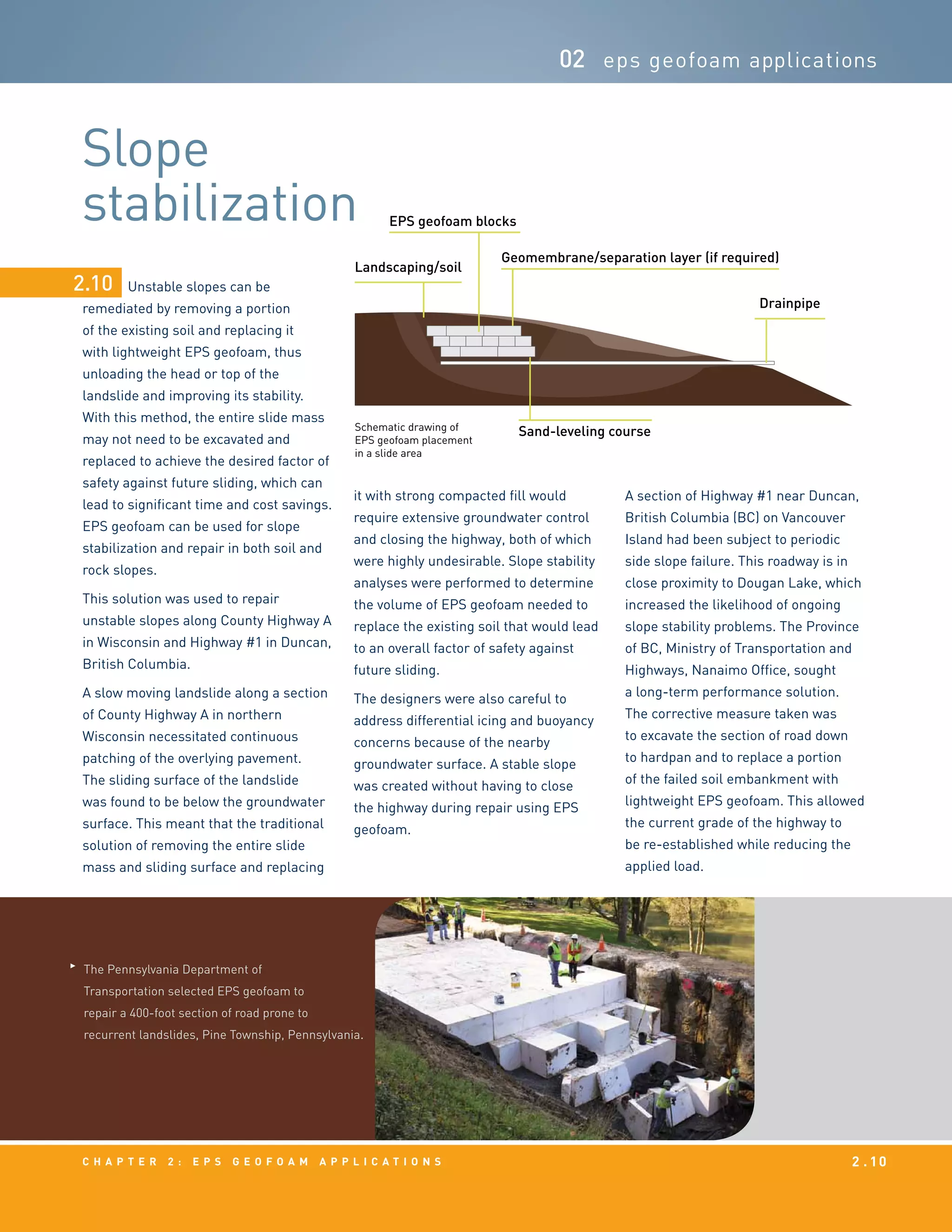 c h a p t e r 2 : EPS g e o f o a m a p p l i c a t i o n s 2 . 10
02 eps geofoam applications
Unstable slopes can be
remediated by removing a portion
of the existing soil and replacing it
with lightweight EPS geofoam, thus
unloading the head or top of the
landslide and improving its stability.
With this method, the entire slide mass
may not need to be excavated and
replaced to achieve the desired factor of
safety against future sliding, which can
lead to significant time and cost savings.
EPS geofoam can be used for slope
stabilization and repair in both soil and
rock slopes.
This solution was used to repair
unstable slopes along County Highway A
in Wisconsin and Highway #1 in Duncan,
British Columbia.
A slow moving landslide along a section
of County Highway A in northern
Wisconsin necessitated continuous
patching of the overlying pavement.
The sliding surface of the landslide
was found to be below the groundwater
surface. This meant that the traditional
solution of removing the entire slide
mass and sliding surface and replacing
2.10
Slope
stabilization
The Pennsylvania Department of
Transportation selected EPS geofoam to
repair a 400-foot section of road prone to
recurrent landslides, Pine Township, Pennsylvania.
it with strong compacted fill would
require extensive groundwater control
and closing the highway, both of which
were highly undesirable. Slope stability
analyses were performed to determine
the volume of EPS geofoam needed to
replace the existing soil that would lead
to an overall factor of safety against
future sliding.
The designers were also careful to
address differential icing and buoyancy
concerns because of the nearby
groundwater surface. A stable slope
was created without having to close
the highway during repair using EPS
geofoam.
A section of Highway #1 near Duncan,
British Columbia (BC) on Vancouver
Island had been subject to periodic
side slope failure. This roadway is in
close proximity to Dougan Lake, which
increased the likelihood of ongoing
slope stability problems. The Province
of BC, Ministry of Transportation and
Highways, Nanaimo Office, sought
a long-term performance solution.
The corrective measure taken was
to excavate the section of road down
to hardpan and to replace a portion
of the failed soil embankment with
lightweight EPS geofoam. This allowed
the current grade of the highway to
be re-established while reducing the
applied load.
Schematic drawing of
EPS geofoam placement
in a slide area
Drainpipe
Geomembrane/separation layer (if required)
Sand-leveling course
Landscaping/soil
EPS geofoam blocks
 