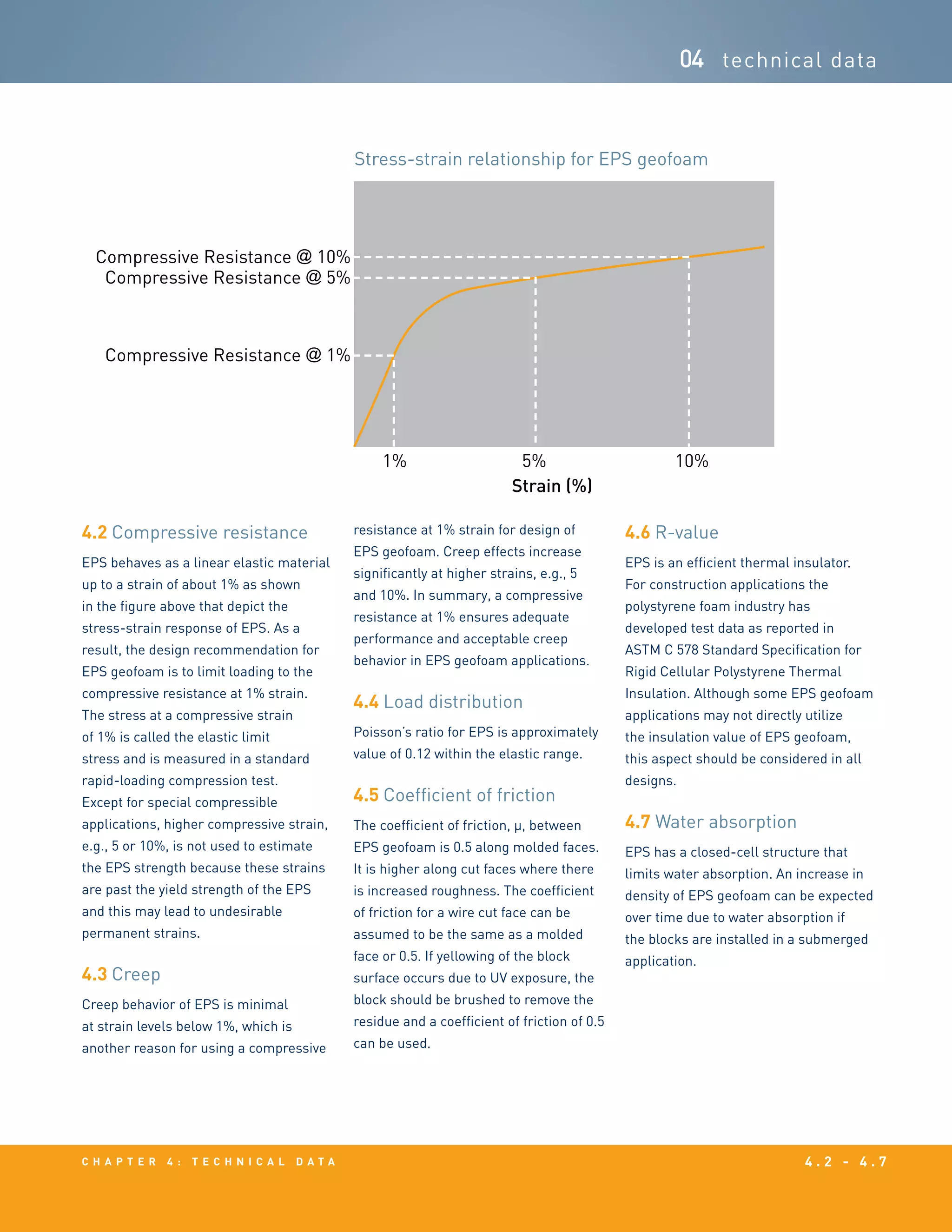 c h a p t e r 4 : t e c h n i c a l d a t a 4 . 2 - 4 . 7
04 technical data
4.2 Compressive resistance
EPS behaves as a linear elastic material
up to a strain of about 1% as shown
in the figure above that depict the
stress-strain response of EPS. As a
result, the design recommendation for
EPS geofoam is to limit loading to the
compressive resistance at 1% strain.
The stress at a compressive strain
of 1% is called the elastic limit
stress and is measured in a standard
rapid-loading compression test.
Except for special compressible
applications, higher compressive strain,
e.g., 5 or 10%, is not used to estimate
the EPS strength because these strains
are past the yield strength of the EPS
and this may lead to undesirable
permanent strains.
4.3 Creep
Creep behavior of EPS is minimal
at strain levels below 1%, which is
another reason for using a compressive
resistance at 1% strain for design of
EPS geofoam. Creep effects increase
significantly at higher strains, e.g., 5
and 10%. In summary, a compressive
resistance at 1% ensures adequate
performance and acceptable creep
behavior in EPS geofoam applications.
4.4 Load distribution
Poisson’s ratio for EPS is approximately
value of 0.12 within the elastic range.
4.5 Coefficient of friction
The coefficient of friction, µ, between
EPS geofoam is 0.5 along molded faces.
It is higher along cut faces where there
is increased roughness. The coefficient
of friction for a wire cut face can be
assumed to be the same as a molded
face or 0.5. If yellowing of the block
surface occurs due to UV exposure, the
block should be brushed to remove the
residue and a coefficient of friction of 0.5
can be used.
4.6 R-value
EPS is an efficient thermal insulator.
For construction applications the
polystyrene foam industry has
developed test data as reported in
ASTM C 578 Standard Specification for
Rigid Cellular Polystyrene Thermal
Insulation. Although some EPS geofoam
applications may not directly utilize
the insulation value of EPS geofoam,
this aspect should be considered in all
designs.
4.7 Water absorption
EPS has a closed-cell structure that
limits water absorption. An increase in
density of EPS geofoam can be expected
over time due to water absorption if
the blocks are installed in a submerged
application.
Stress-strain relationship for EPS geofoam
1%
Strain (%)
10%5%
Compressive Resistance @ 10%
Compressive Resistance @ 5%
Compressive Resistance @ 1%
 