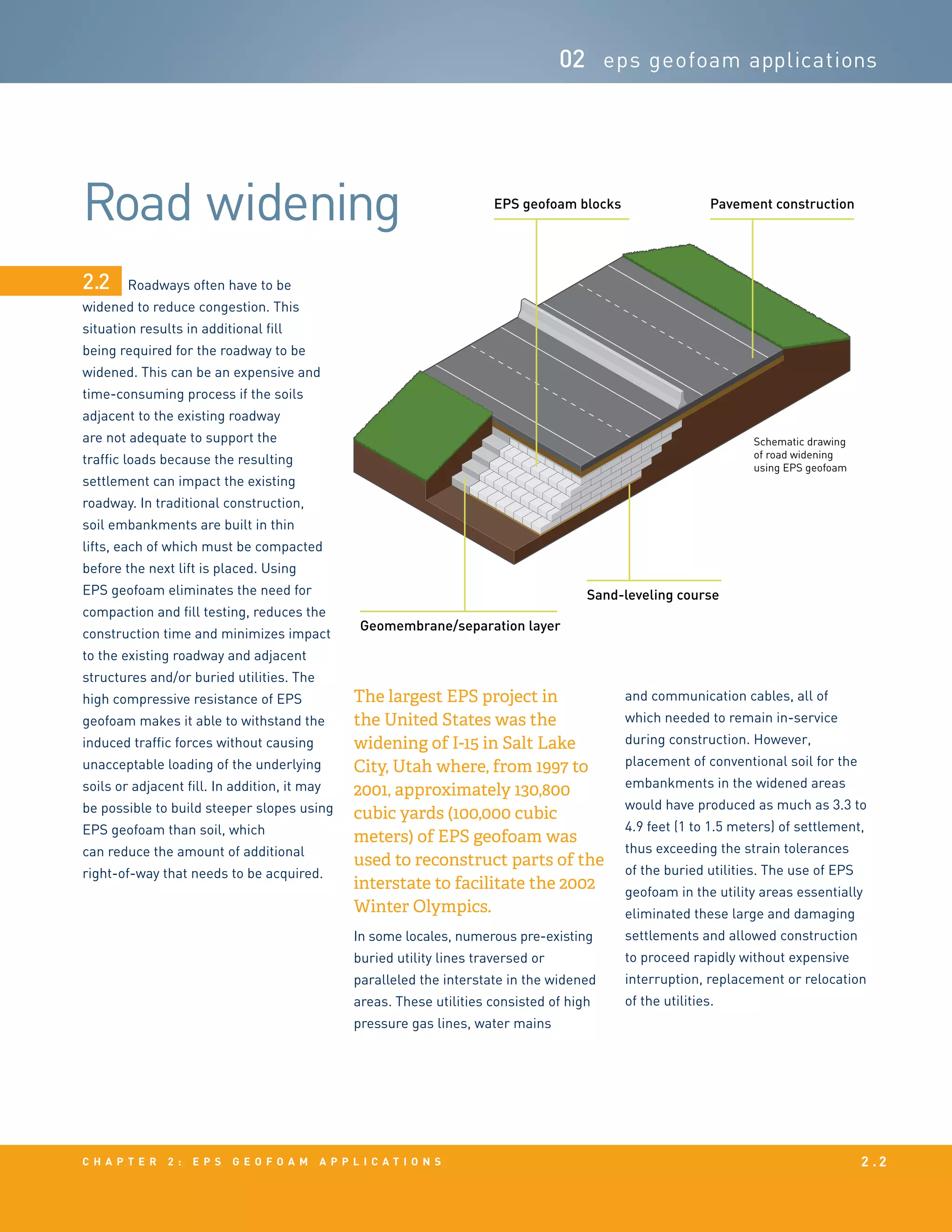 c h a p t e r 2 : EPS g e o f o a m a p p l i c a t i o n s 2 . 2
Road widening
02 eps geofoam applications
Roadways often have to be
widened to reduce congestion. This
situation results in additional fill
being required for the roadway to be
widened. This can be an expensive and
time-consuming process if the soils
adjacent to the existing roadway
are not adequate to support the
traffic loads because the resulting
settlement can impact the existing
roadway. In traditional construction,
soil embankments are built in thin
lifts, each of which must be compacted
before the next lift is placed. Using
EPS geofoam eliminates the need for
compaction and fill testing, reduces the
construction time and minimizes impact
to the existing roadway and adjacent
structures and/or buried utilities. The
high compressive resistance of EPS
geofoam makes it able to withstand the
induced traffic forces without causing
unacceptable loading of the underlying
soils or adjacent fill. In addition, it may
be possible to build steeper slopes using
EPS geofoam than soil, which
can reduce the amount of additional
right-of-way that needs to be acquired.
The largest EPS project in
the United States was the
widening of I-15 in Salt Lake
City, Utah where, from 1997 to
2001, approximately 130,800
cubic yards (100,000 cubic
meters) of EPS geofoam was
used to reconstruct parts of the
interstate to facilitate the 2002
Winter Olympics.
In some locales, numerous pre-existing
buried utility lines traversed or
paralleled the interstate in the widened
areas. These utilities consisted of high
pressure gas lines, water mains
and communication cables, all of
which needed to remain in-service
during construction. However,
placement of conventional soil for the
embankments in the widened areas
would have produced as much as 3.3 to
4.9 feet (1 to 1.5 meters) of settlement,
thus exceeding the strain tolerances
of the buried utilities. The use of EPS
geofoam in the utility areas essentially
eliminated these large and damaging
settlements and allowed construction
to proceed rapidly without expensive
interruption, replacement or relocation
of the utilities.
2.2
Schematic drawing
of road widening
using EPS geofoam
Sand-leveling course
Pavement constructionEPS geofoam blocks
Geomembrane/separation layer
 