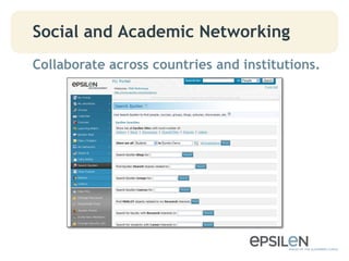 Social and Academic Networking
Collaborate across countries and institutions.
	

 