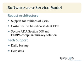 Software-as-a-Service Model
Robust Architecture
•  Support for millions of users	

•  Cost-effective based on student FTE	

• Secure ADA Section 508 and 
FERPA compliant turnkey solution	

Tech Support
• Daily backup	

• Help desk	

 