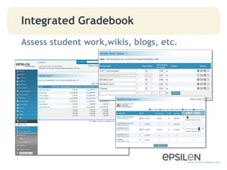 Integrated Gradebook
Assess student work,wikis, blogs, etc.
 