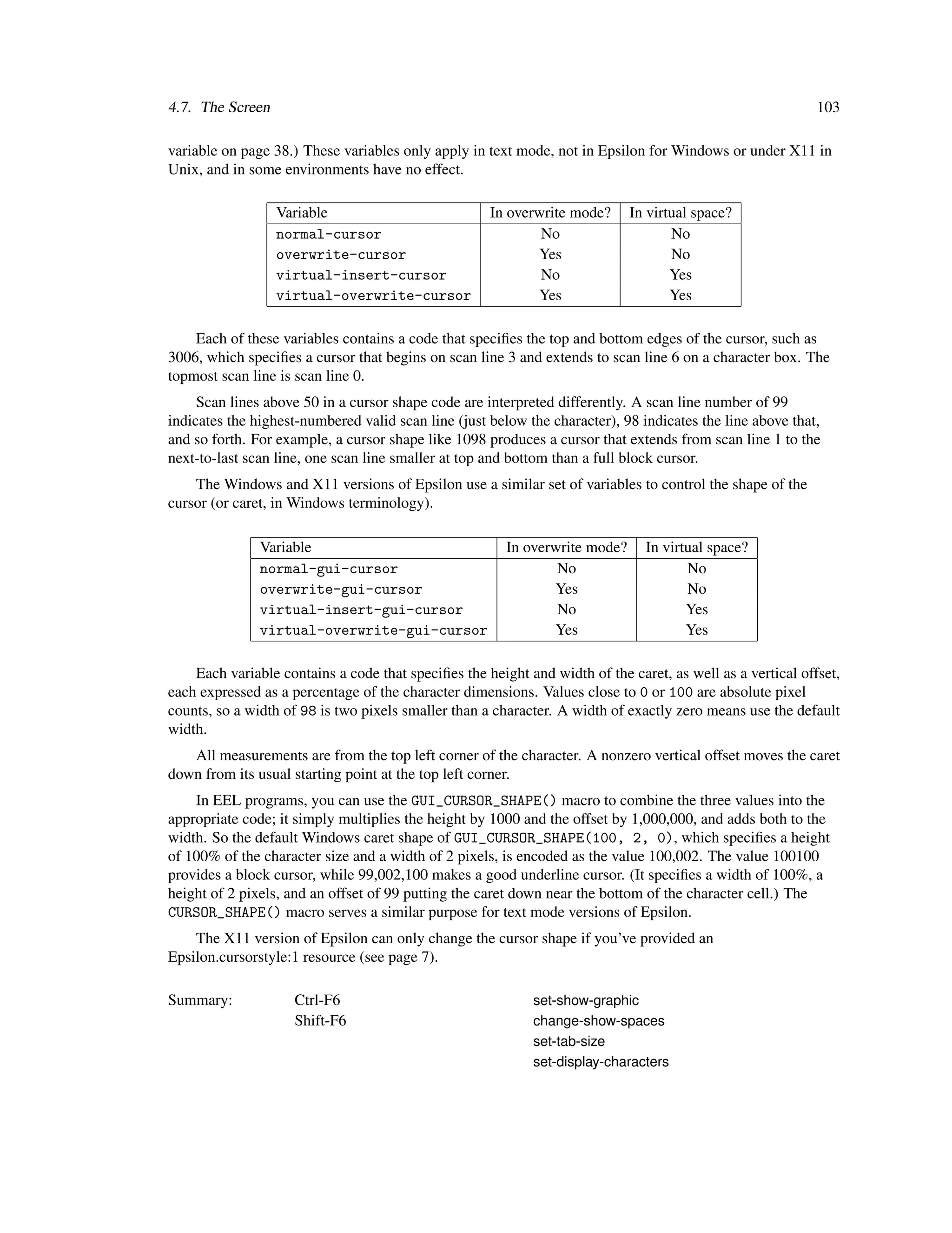 4.7. The Screen                                                                                             103

variable on page 38.) These variables only apply in text mode, not in Epsilon for Windows or under X11 in
Unix, and in some environments have no effect.

                  Variable                           In overwrite mode?      In virtual space?
                  normal-cursor                              No                     No
                  overwrite-cursor                          Yes                     No
                  virtual-insert-cursor                      No                     Yes
                  virtual-overwrite-cursor                  Yes                     Yes

    Each of these variables contains a code that speciﬁes the top and bottom edges of the cursor, such as
3006, which speciﬁes a cursor that begins on scan line 3 and extends to scan line 6 on a character box. The
topmost scan line is scan line 0.
     Scan lines above 50 in a cursor shape code are interpreted differently. A scan line number of 99
indicates the highest-numbered valid scan line (just below the character), 98 indicates the line above that,
and so forth. For example, a cursor shape like 1098 produces a cursor that extends from scan line 1 to the
next-to-last scan line, one scan line smaller at top and bottom than a full block cursor.
    The Windows and X11 versions of Epsilon use a similar set of variables to control the shape of the
cursor (or caret, in Windows terminology).

               Variable                                 In overwrite mode?     In virtual space?
               normal-gui-cursor                                No                    No
               overwrite-gui-cursor                            Yes                    No
               virtual-insert-gui-cursor                        No                    Yes
               virtual-overwrite-gui-cursor                    Yes                    Yes

    Each variable contains a code that speciﬁes the height and width of the caret, as well as a vertical offset,
each expressed as a percentage of the character dimensions. Values close to 0 or 100 are absolute pixel
counts, so a width of 98 is two pixels smaller than a character. A width of exactly zero means use the default
width.
   All measurements are from the top left corner of the character. A nonzero vertical offset moves the caret
down from its usual starting point at the top left corner.
    In EEL programs, you can use the GUI_CURSOR_SHAPE() macro to combine the three values into the
appropriate code; it simply multiplies the height by 1000 and the offset by 1,000,000, and adds both to the
width. So the default Windows caret shape of GUI_CURSOR_SHAPE(100, 2, 0), which speciﬁes a height
of 100% of the character size and a width of 2 pixels, is encoded as the value 100,002. The value 100100
provides a block cursor, while 99,002,100 makes a good underline cursor. (It speciﬁes a width of 100%, a
height of 2 pixels, and an offset of 99 putting the caret down near the bottom of the character cell.) The
CURSOR_SHAPE() macro serves a similar purpose for text mode versions of Epsilon.
    The X11 version of Epsilon can only change the cursor shape if you’ve provided an
Epsilon.cursorstyle:1 resource (see page 7).

Summary:             Ctrl-F6                                set-show-graphic
                     Shift-F6                               change-show-spaces
                                                            set-tab-size
                                                            set-display-characters
 