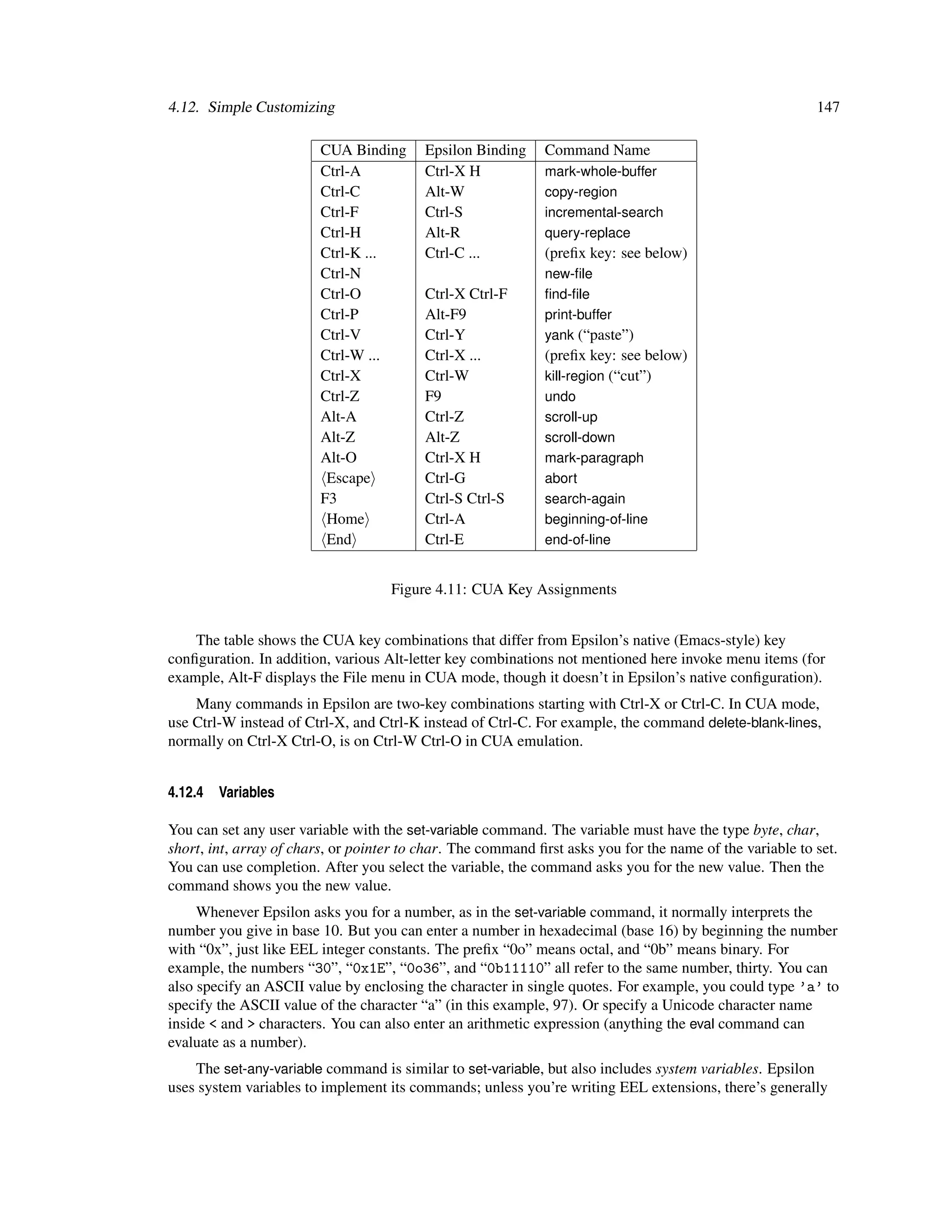 4.12. Simple Customizing                                                                                  147

                         CUA Binding      Epsilon Binding    Command Name
                         Ctrl-A           Ctrl-X H           mark-whole-buffer
                         Ctrl-C           Alt-W              copy-region
                         Ctrl-F           Ctrl-S             incremental-search
                         Ctrl-H           Alt-R              query-replace
                         Ctrl-K ...       Ctrl-C ...         (preﬁx key: see below)
                         Ctrl-N                              new-ﬁle
                         Ctrl-O           Ctrl-X Ctrl-F      ﬁnd-ﬁle
                         Ctrl-P           Alt-F9             print-buffer
                         Ctrl-V           Ctrl-Y             yank (“paste”)
                         Ctrl-W ...       Ctrl-X ...         (preﬁx key: see below)
                         Ctrl-X           Ctrl-W             kill-region (“cut”)
                         Ctrl-Z           F9                 undo
                         Alt-A            Ctrl-Z             scroll-up
                         Alt-Z            Alt-Z              scroll-down
                         Alt-O            Ctrl-X H           mark-paragraph
                          Escape          Ctrl-G             abort
                         F3               Ctrl-S Ctrl-S      search-again
                          Home            Ctrl-A             beginning-of-line
                          End             Ctrl-E             end-of-line


                                    Figure 4.11: CUA Key Assignments


    The table shows the CUA key combinations that differ from Epsilon’s native (Emacs-style) key
conﬁguration. In addition, various Alt-letter key combinations not mentioned here invoke menu items (for
example, Alt-F displays the File menu in CUA mode, though it doesn’t in Epsilon’s native conﬁguration).
    Many commands in Epsilon are two-key combinations starting with Ctrl-X or Ctrl-C. In CUA mode,
use Ctrl-W instead of Ctrl-X, and Ctrl-K instead of Ctrl-C. For example, the command delete-blank-lines,
normally on Ctrl-X Ctrl-O, is on Ctrl-W Ctrl-O in CUA emulation.


4.12.4   Variables

You can set any user variable with the set-variable command. The variable must have the type byte, char,
short, int, array of chars, or pointer to char. The command ﬁrst asks you for the name of the variable to set.
You can use completion. After you select the variable, the command asks you for the new value. Then the
command shows you the new value.
     Whenever Epsilon asks you for a number, as in the set-variable command, it normally interprets the
number you give in base 10. But you can enter a number in hexadecimal (base 16) by beginning the number
with “0x”, just like EEL integer constants. The preﬁx “0o” means octal, and “0b” means binary. For
example, the numbers “30”, “0x1E”, “0o36”, and “0b11110” all refer to the same number, thirty. You can
also specify an ASCII value by enclosing the character in single quotes. For example, you could type ’a’ to
specify the ASCII value of the character “a” (in this example, 97). Or specify a Unicode character name
inside < and > characters. You can also enter an arithmetic expression (anything the eval command can
evaluate as a number).
    The set-any-variable command is similar to set-variable, but also includes system variables. Epsilon
uses system variables to implement its commands; unless you’re writing EEL extensions, there’s generally
 