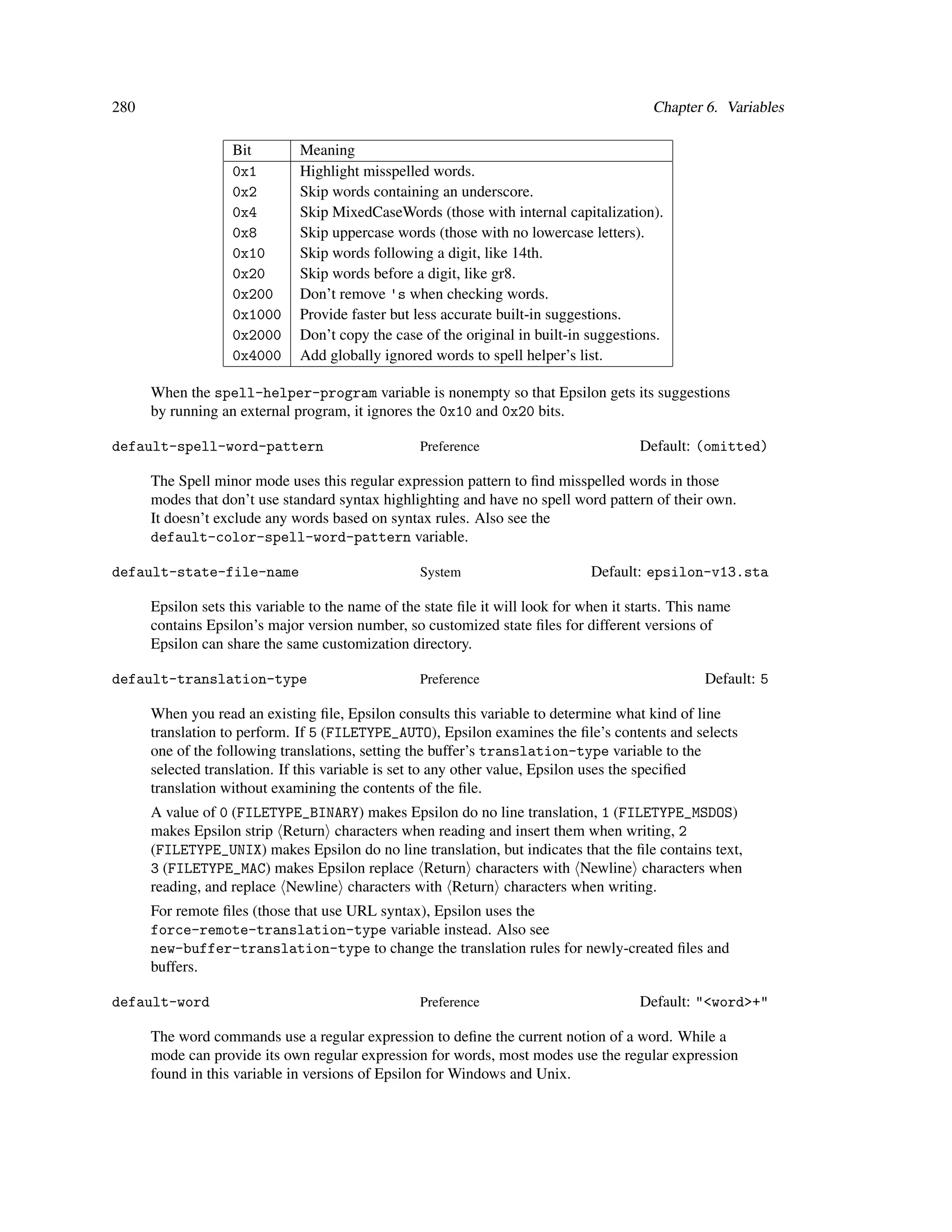 280                                                                                       Chapter 6. Variables

                   Bit         Meaning
                   0x1         Highlight misspelled words.
                   0x2         Skip words containing an underscore.
                   0x4         Skip MixedCaseWords (those with internal capitalization).
                   0x8         Skip uppercase words (those with no lowercase letters).
                   0x10        Skip words following a digit, like 14th.
                   0x20        Skip words before a digit, like gr8.
                   0x200       Don’t remove 's when checking words.
                   0x1000      Provide faster but less accurate built-in suggestions.
                   0x2000      Don’t copy the case of the original in built-in suggestions.
                   0x4000      Add globally ignored words to spell helper’s list.

      When the spell-helper-program variable is nonempty so that Epsilon gets its suggestions
      by running an external program, it ignores the 0x10 and 0x20 bits.

default-spell-word-pattern                         Preference                           Default: (omitted)

      The Spell minor mode uses this regular expression pattern to ﬁnd misspelled words in those
      modes that don’t use standard syntax highlighting and have no spell word pattern of their own.
      It doesn’t exclude any words based on syntax rules. Also see the
      default-color-spell-word-pattern variable.

default-state-file-name                            System                       Default: epsilon-v13.sta

      Epsilon sets this variable to the name of the state ﬁle it will look for when it starts. This name
      contains Epsilon’s major version number, so customized state ﬁles for different versions of
      Epsilon can share the same customization directory.

default-translation-type                           Preference                                      Default: 5

      When you read an existing ﬁle, Epsilon consults this variable to determine what kind of line
      translation to perform. If 5 (FILETYPE_AUTO), Epsilon examines the ﬁle’s contents and selects
      one of the following translations, setting the buffer’s translation-type variable to the
      selected translation. If this variable is set to any other value, Epsilon uses the speciﬁed
      translation without examining the contents of the ﬁle.
      A value of 0 (FILETYPE_BINARY) makes Epsilon do no line translation, 1 (FILETYPE_MSDOS)
      makes Epsilon strip Return characters when reading and insert them when writing, 2
      (FILETYPE_UNIX) makes Epsilon do no line translation, but indicates that the ﬁle contains text,
      3 (FILETYPE_MAC) makes Epsilon replace Return characters with Newline characters when
      reading, and replace Newline characters with Return characters when writing.
      For remote ﬁles (those that use URL syntax), Epsilon uses the
      force-remote-translation-type variable instead. Also see
      new-buffer-translation-type to change the translation rules for newly-created ﬁles and
      buffers.

default-word                                       Preference                           Default: "<word>+"

      The word commands use a regular expression to deﬁne the current notion of a word. While a
      mode can provide its own regular expression for words, most modes use the regular expression
      found in this variable in versions of Epsilon for Windows and Unix.
 