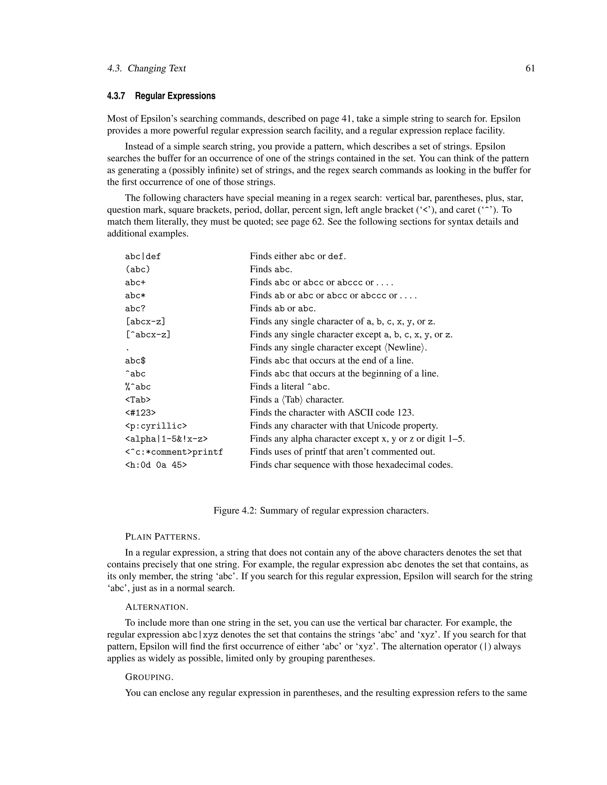 4.3. Changing Text                                                                                            61

4.3.7     Regular Expressions

Most of Epsilon’s searching commands, described on page 41, take a simple string to search for. Epsilon
provides a more powerful regular expression search facility, and a regular expression replace facility.
     Instead of a simple search string, you provide a pattern, which describes a set of strings. Epsilon
searches the buffer for an occurrence of one of the strings contained in the set. You can think of the pattern
as generating a (possibly inﬁnite) set of strings, and the regex search commands as looking in the buffer for
the ﬁrst occurrence of one of those strings.
    The following characters have special meaning in a regex search: vertical bar, parentheses, plus, star,
question mark, square brackets, period, dollar, percent sign, left angle bracket (‘<’), and caret (‘^’). To
match them literally, they must be quoted; see page 62. See the following sections for syntax details and
additional examples.

    abc|def                          Finds either abc or def.
    (abc)                            Finds abc.
    abc+                             Finds abc or abcc or abccc or . . . .
    abc*                             Finds ab or abc or abcc or abccc or . . . .
    abc?                             Finds ab or abc.
    [abcx-z]                         Finds any single character of a, b, c, x, y, or z.
    [^abcx-z]                        Finds any single character except a, b, c, x, y, or z.
    .                                Finds any single character except Newline .
    abc$                             Finds abc that occurs at the end of a line.
    ^abc                             Finds abc that occurs at the beginning of a line.
    %^abc                            Finds a literal ^abc.
    <Tab>                            Finds a Tab character.
    <#123>                           Finds the character with ASCII code 123.
    <p:cyrillic>                     Finds any character with that Unicode property.
    <alpha|1-5&!x-z>                 Finds any alpha character except x, y or z or digit 1–5.
    <^c:*comment>printf              Finds uses of printf that aren’t commented out.
    <h:0d 0a 45>                     Finds char sequence with those hexadecimal codes.



                            Figure 4.2: Summary of regular expression characters.

        P LAIN PATTERNS .
     In a regular expression, a string that does not contain any of the above characters denotes the set that
contains precisely that one string. For example, the regular expression abc denotes the set that contains, as
its only member, the string ‘abc’. If you search for this regular expression, Epsilon will search for the string
‘abc’, just as in a normal search.
        A LTERNATION .
     To include more than one string in the set, you can use the vertical bar character. For example, the
regular expression abc|xyz denotes the set that contains the strings ‘abc’ and ‘xyz’. If you search for that
pattern, Epsilon will ﬁnd the ﬁrst occurrence of either ‘abc’ or ‘xyz’. The alternation operator (|) always
applies as widely as possible, limited only by grouping parentheses.
        G ROUPING .
    You can enclose any regular expression in parentheses, and the resulting expression refers to the same
 