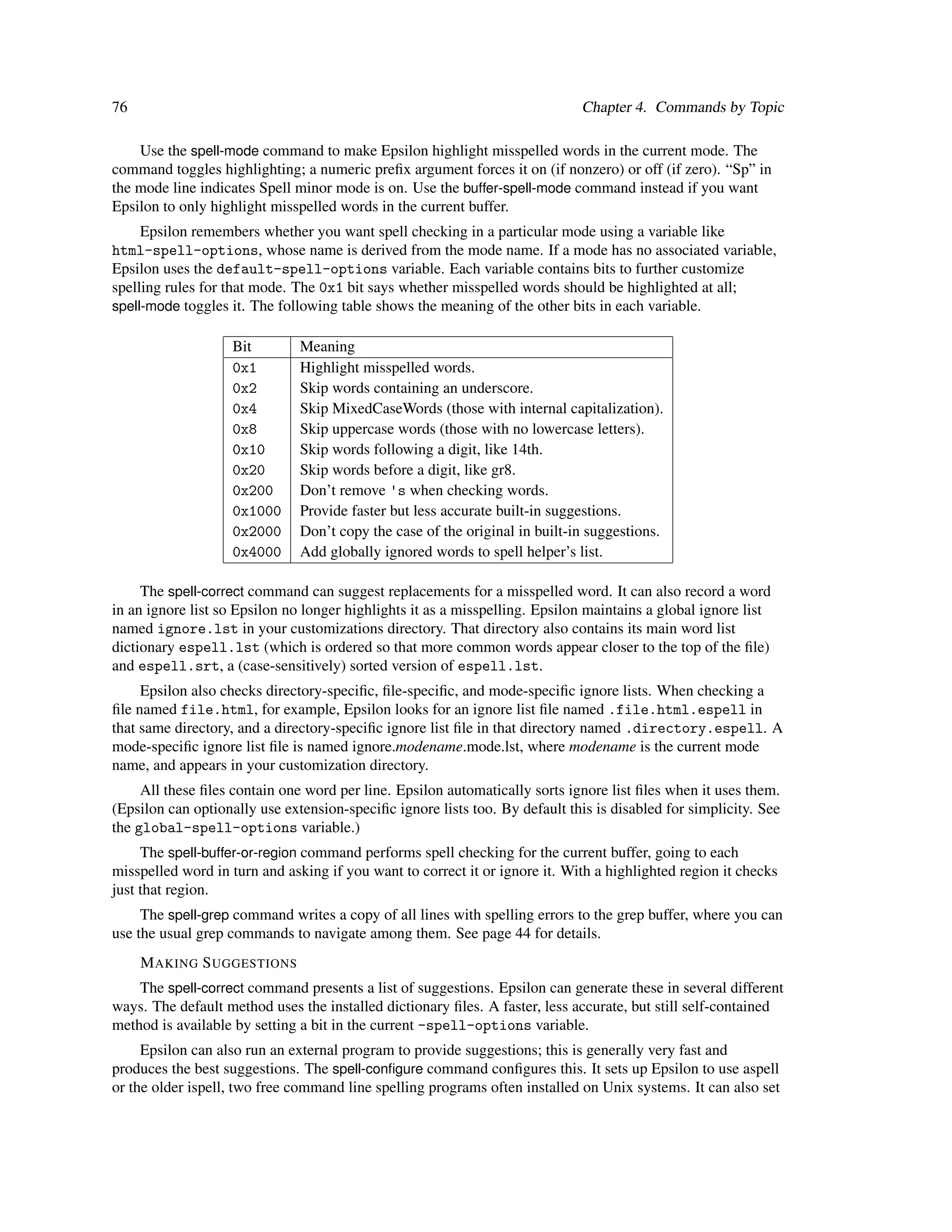 76                                                                            Chapter 4. Commands by Topic

    Use the spell-mode command to make Epsilon highlight misspelled words in the current mode. The
command toggles highlighting; a numeric preﬁx argument forces it on (if nonzero) or off (if zero). “Sp” in
the mode line indicates Spell minor mode is on. Use the buffer-spell-mode command instead if you want
Epsilon to only highlight misspelled words in the current buffer.
     Epsilon remembers whether you want spell checking in a particular mode using a variable like
html-spell-options, whose name is derived from the mode name. If a mode has no associated variable,
Epsilon uses the default-spell-options variable. Each variable contains bits to further customize
spelling rules for that mode. The 0x1 bit says whether misspelled words should be highlighted at all;
spell-mode toggles it. The following table shows the meaning of the other bits in each variable.

                    Bit        Meaning
                    0x1        Highlight misspelled words.
                    0x2        Skip words containing an underscore.
                    0x4        Skip MixedCaseWords (those with internal capitalization).
                    0x8        Skip uppercase words (those with no lowercase letters).
                    0x10       Skip words following a digit, like 14th.
                    0x20       Skip words before a digit, like gr8.
                    0x200      Don’t remove 's when checking words.
                    0x1000     Provide faster but less accurate built-in suggestions.
                    0x2000     Don’t copy the case of the original in built-in suggestions.
                    0x4000     Add globally ignored words to spell helper’s list.

     The spell-correct command can suggest replacements for a misspelled word. It can also record a word
in an ignore list so Epsilon no longer highlights it as a misspelling. Epsilon maintains a global ignore list
named ignore.lst in your customizations directory. That directory also contains its main word list
dictionary espell.lst (which is ordered so that more common words appear closer to the top of the ﬁle)
and espell.srt, a (case-sensitively) sorted version of espell.lst.
     Epsilon also checks directory-speciﬁc, ﬁle-speciﬁc, and mode-speciﬁc ignore lists. When checking a
ﬁle named file.html, for example, Epsilon looks for an ignore list ﬁle named .file.html.espell in
that same directory, and a directory-speciﬁc ignore list ﬁle in that directory named .directory.espell. A
mode-speciﬁc ignore list ﬁle is named ignore.modename.mode.lst, where modename is the current mode
name, and appears in your customization directory.
     All these ﬁles contain one word per line. Epsilon automatically sorts ignore list ﬁles when it uses them.
(Epsilon can optionally use extension-speciﬁc ignore lists too. By default this is disabled for simplicity. See
the global-spell-options variable.)
     The spell-buffer-or-region command performs spell checking for the current buffer, going to each
misspelled word in turn and asking if you want to correct it or ignore it. With a highlighted region it checks
just that region.
     The spell-grep command writes a copy of all lines with spelling errors to the grep buffer, where you can
use the usual grep commands to navigate among them. See page 44 for details.
     M AKING S UGGESTIONS
    The spell-correct command presents a list of suggestions. Epsilon can generate these in several different
ways. The default method uses the installed dictionary ﬁles. A faster, less accurate, but still self-contained
method is available by setting a bit in the current -spell-options variable.
     Epsilon can also run an external program to provide suggestions; this is generally very fast and
produces the best suggestions. The spell-conﬁgure command conﬁgures this. It sets up Epsilon to use aspell
or the older ispell, two free command line spelling programs often installed on Unix systems. It can also set
 