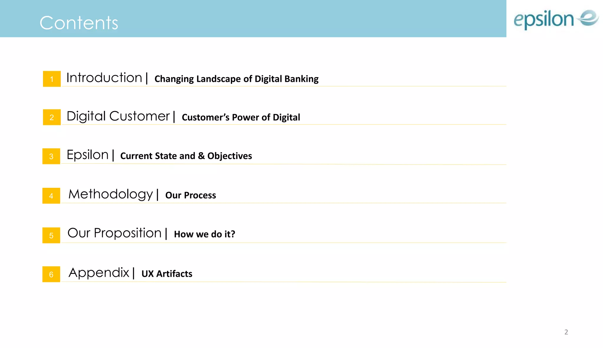 1 Introduction| Changing Landscape of Digital Banking
2 Digital Customer| Customer’s Power of Digital
3 Epsilon| Current State and & Objectives
4 Methodology| Our Process
5 Our Proposition| How we do it?
6 Appendix| UX Artifacts
Contents
2
 