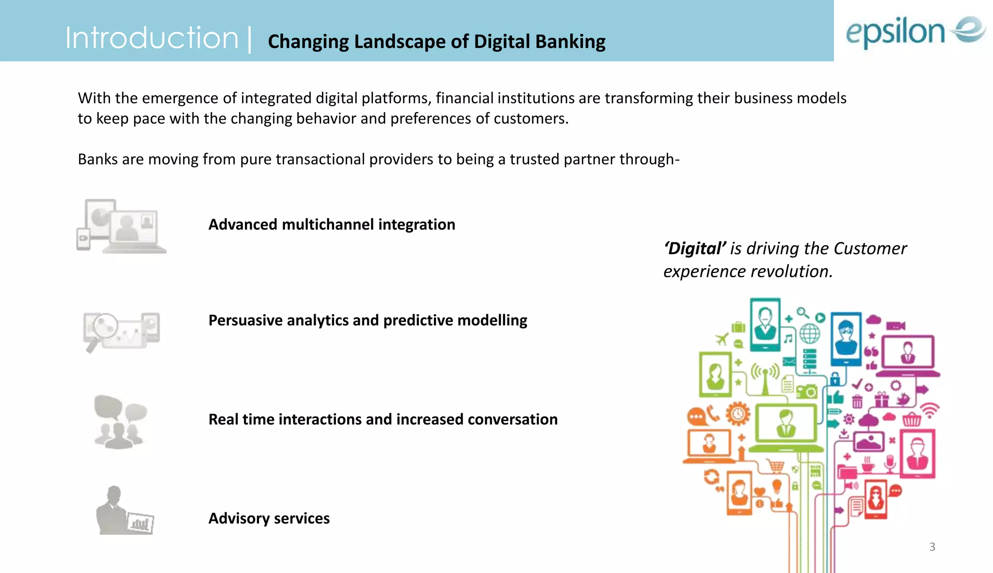 Introduction| Changing Landscape of Digital Banking
With the emergence of integrated digital platforms, financial institutions are transforming their business models
to keep pace with the changing behavior and preferences of customers.
Banks are moving from pure transactional providers to being a trusted partner through-
Advanced multichannel integration
Persuasive analytics and predictive modelling
Real time interactions and increased conversation
Advisory services
‘Digital’ is driving the Customer
experience revolution.
3
 